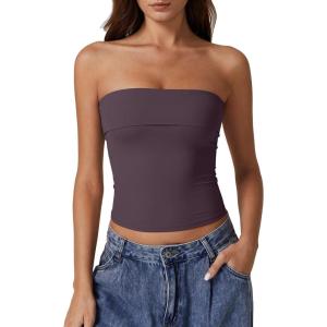 imageQINSEN Womens Tube Tops Strapless Bandeau Tops Double Lined Slim Fit Summer Going Out Tank TopsPrune Purple