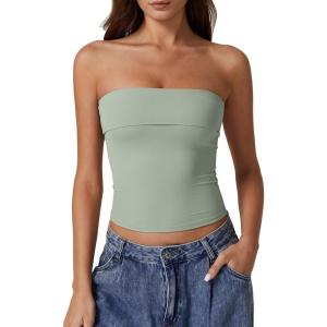 imageQINSEN Womens Tube Tops Strapless Bandeau Tops Double Lined Slim Fit Summer Going Out Tank TopsSmoke Green
