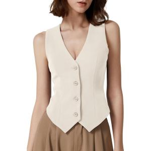 imageQINSEN Womens V Neck Vest Top Sleeveless Button Down Fully Lined Solid Going Out Crop TopsBeige