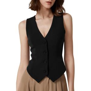 imageQINSEN Womens V Neck Vest Top Sleeveless Button Down Fully Lined Solid Going Out Crop TopsBlack