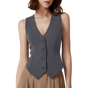 imageQINSEN Womens V Neck Vest Top Sleeveless Button Down Fully Lined Solid Going Out Crop TopsDark Grey