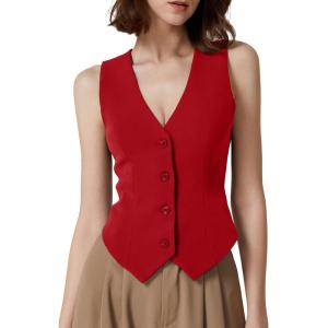 imageQINSEN Womens V Neck Vest Top Sleeveless Button Down Fully Lined Solid Going Out Crop TopsRed