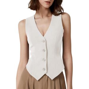 imageQINSEN Womens V Neck Vest Top Sleeveless Button Down Fully Lined Solid Going Out Crop TopsWhite