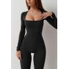 imageQINSEN Jumpsuits for Women Square Neck Wide Leg Full Length Romper PlaysuitBlack