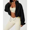 imageQINSEN Womens Full Zip Fleece Short Jacket Warm Winter Long Sleeve Stand Collar Sherpa Crop CoatBlack