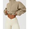 imageQINSEN Womens Full Zip Fleece Short Jacket Warm Winter Long Sleeve Stand Collar Sherpa Crop CoatCamel