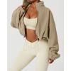 imageQINSEN Womens Full Zip Fleece Short Jacket Warm Winter Long Sleeve Stand Collar Sherpa Crop CoatCamel