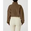 imageQINSEN Womens Full Zip Fleece Short Jacket Warm Winter Long Sleeve Stand Collar Sherpa Crop CoatChestnut