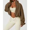 imageQINSEN Womens Full Zip Fleece Short Jacket Warm Winter Long Sleeve Stand Collar Sherpa Crop CoatChestnut