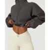 imageQINSEN Womens Full Zip Fleece Short Jacket Warm Winter Long Sleeve Stand Collar Sherpa Crop CoatDark Grey