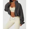 imageQINSEN Womens Full Zip Fleece Short Jacket Warm Winter Long Sleeve Stand Collar Sherpa Crop CoatDark Grey