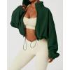 imageQINSEN Womens Full Zip Fleece Short Jacket Warm Winter Long Sleeve Stand Collar Sherpa Crop CoatForest Green