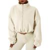 imageQINSEN Womens Full Zip Fleece Short Jacket Warm Winter Long Sleeve Stand Collar Sherpa Crop CoatIvory