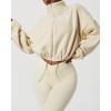 imageQINSEN Womens Full Zip Fleece Short Jacket Warm Winter Long Sleeve Stand Collar Sherpa Crop CoatIvory