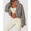 imageQINSEN Womens Full Zip Fleece Short Jacket Warm Winter Long Sleeve Stand Collar Sherpa Crop CoatLight Grey