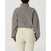 imageQINSEN Womens Full Zip Fleece Short Jacket Warm Winter Long Sleeve Stand Collar Sherpa Crop CoatLight Grey