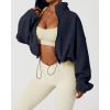 imageQINSEN Womens Full Zip Fleece Short Jacket Warm Winter Long Sleeve Stand Collar Sherpa Crop CoatNavy