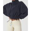 imageQINSEN Womens Full Zip Fleece Short Jacket Warm Winter Long Sleeve Stand Collar Sherpa Crop CoatNavy