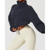 imageQINSEN Womens Full Zip Fleece Short Jacket Warm Winter Long Sleeve Stand Collar Sherpa Crop CoatNavy