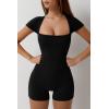 imageQINSEN Womens Short Sleeve Bodycon Romper Stretchy Square Neck Sexy Unitard JumpsuitBlack