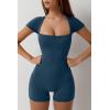 imageQINSEN Womens Short Sleeve Bodycon Romper Stretchy Square Neck Sexy Unitard JumpsuitBlue Teal