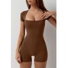 imageQINSEN Womens Short Sleeve Bodycon Romper Stretchy Square Neck Sexy Unitard JumpsuitBrown