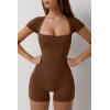 imageQINSEN Womens Short Sleeve Bodycon Romper Stretchy Square Neck Sexy Unitard JumpsuitBrown