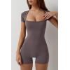 imageQINSEN Womens Short Sleeve Bodycon Romper Stretchy Square Neck Sexy Unitard JumpsuitDark Grey