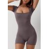 imageQINSEN Womens Short Sleeve Bodycon Romper Stretchy Square Neck Sexy Unitard JumpsuitDark Grey