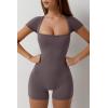 imageQINSEN Womens Short Sleeve Bodycon Romper Stretchy Square Neck Sexy Unitard JumpsuitDark Grey