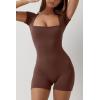 imageQINSEN Womens Short Sleeve Bodycon Romper Stretchy Square Neck Sexy Unitard JumpsuitMocha Brown