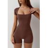 imageQINSEN Womens Short Sleeve Bodycon Romper Stretchy Square Neck Sexy Unitard JumpsuitMocha Brown
