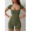 imageQINSEN Womens Short Sleeve Bodycon Romper Stretchy Square Neck Sexy Unitard JumpsuitOlivine