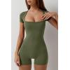 imageQINSEN Womens Short Sleeve Bodycon Romper Stretchy Square Neck Sexy Unitard JumpsuitOlivine