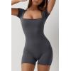 imageQINSEN Womens Short Sleeve Bodycon Romper Stretchy Square Neck Sexy Unitard JumpsuitPewter Gray