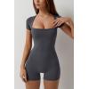 imageQINSEN Womens Short Sleeve Bodycon Romper Stretchy Square Neck Sexy Unitard JumpsuitPewter Gray