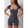 imageQINSEN Womens Short Sleeve Bodycon Romper Stretchy Square Neck Sexy Unitard JumpsuitPewter Gray