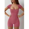 imageQINSEN Womens Short Sleeve Bodycon Romper Stretchy Square Neck Sexy Unitard JumpsuitPink Flambe
