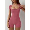 imageQINSEN Womens Short Sleeve Bodycon Romper Stretchy Square Neck Sexy Unitard JumpsuitPink Flambe