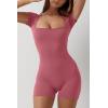 imageQINSEN Womens Short Sleeve Bodycon Romper Stretchy Square Neck Sexy Unitard JumpsuitPink Flambe