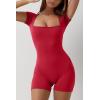 imageQINSEN Womens Short Sleeve Bodycon Romper Stretchy Square Neck Sexy Unitard JumpsuitRed