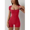 imageQINSEN Womens Short Sleeve Bodycon Romper Stretchy Square Neck Sexy Unitard JumpsuitRed