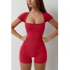 imageQINSEN Womens Short Sleeve Bodycon Romper Stretchy Square Neck Sexy Unitard JumpsuitRed