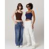 imageQINSEN Womens Square Neck Lace Trim Tank Top Double Lined Slim Fitted Y2k Going Out Camisole ShirtsNavy Blue