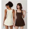 imageQINSEN Womens Square Neck Tennis Dress Pleated Sleeveless Built in Shorts Golf Athletic Dress with PocketsBeige