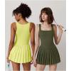 imageQINSEN Womens Square Neck Tennis Dress Pleated Sleeveless Built in Shorts Golf Athletic Dress with PocketsLight Yellow