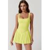 imageQINSEN Womens Square Neck Tennis Dress Pleated Sleeveless Built in Shorts Golf Athletic Dress with PocketsLight Yellow