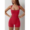 imageQINSEN Womens Strappy Square Neck Tank Top Tummy Control Bodycon Stretch Shorts Jumpsuit OutfitsRed