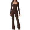 imageQINSEN Jumpsuits for Women Square Neck Wide Leg Full Length Romper PlaysuitChocolate Brown
