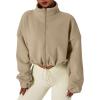 imageQINSEN Womens Full Zip Fleece Short Jacket Warm Winter Long Sleeve Stand Collar Sherpa Crop CoatCamel
